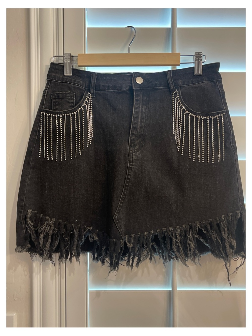 Black Denim Fringe Mini Skirt with Rhinestone Fringe Accent